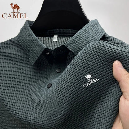 Men's Textured Knit Polo Shirt with Embroidered Camel Logo and Button Placket