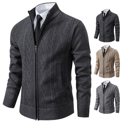 Men's Casual Zip-Up Cardigan with Ribbed Knit Detailing and Full-Length Sleeves