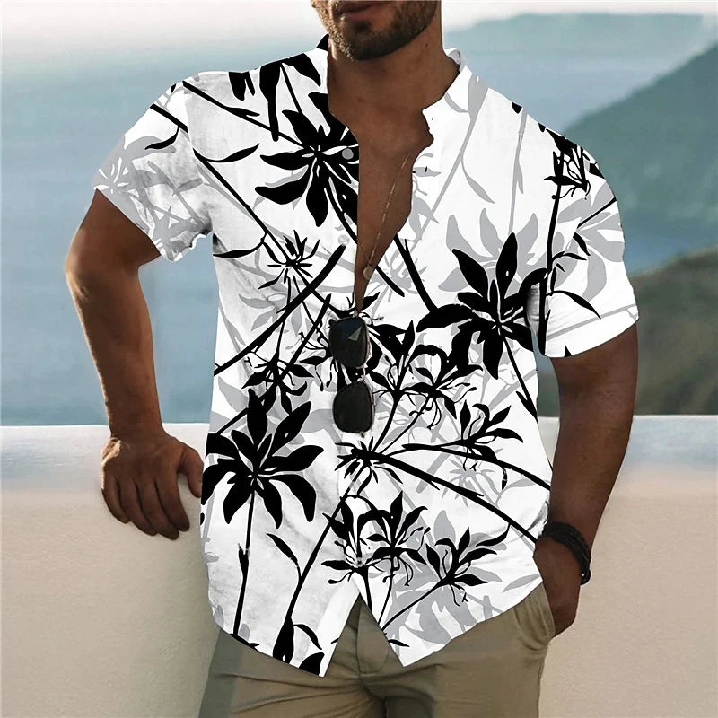 "Men's Tropical Print Short Sleeve Casual Button-Up Shirt with Relaxed Fit"