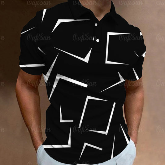 Men's Geometric Print Polo Shirt with Button Placket and Modern Design for Casual Wear