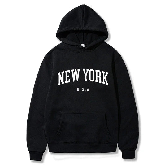 New York USA Graphic Hoodie with Kangaroo Pocket and Ribbed Cuffs for Urban Casual Style