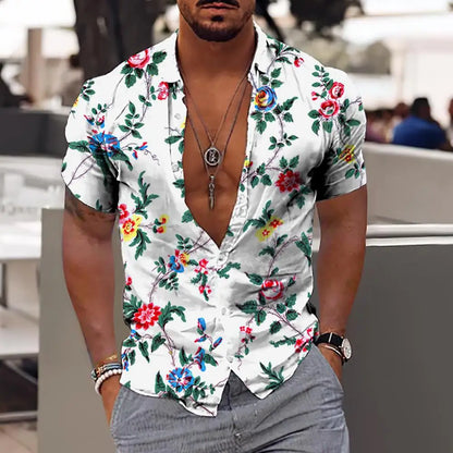 Men's Tropical Print Casual Short Sleeve Button-Down Shirt with Deep V-Neck Design