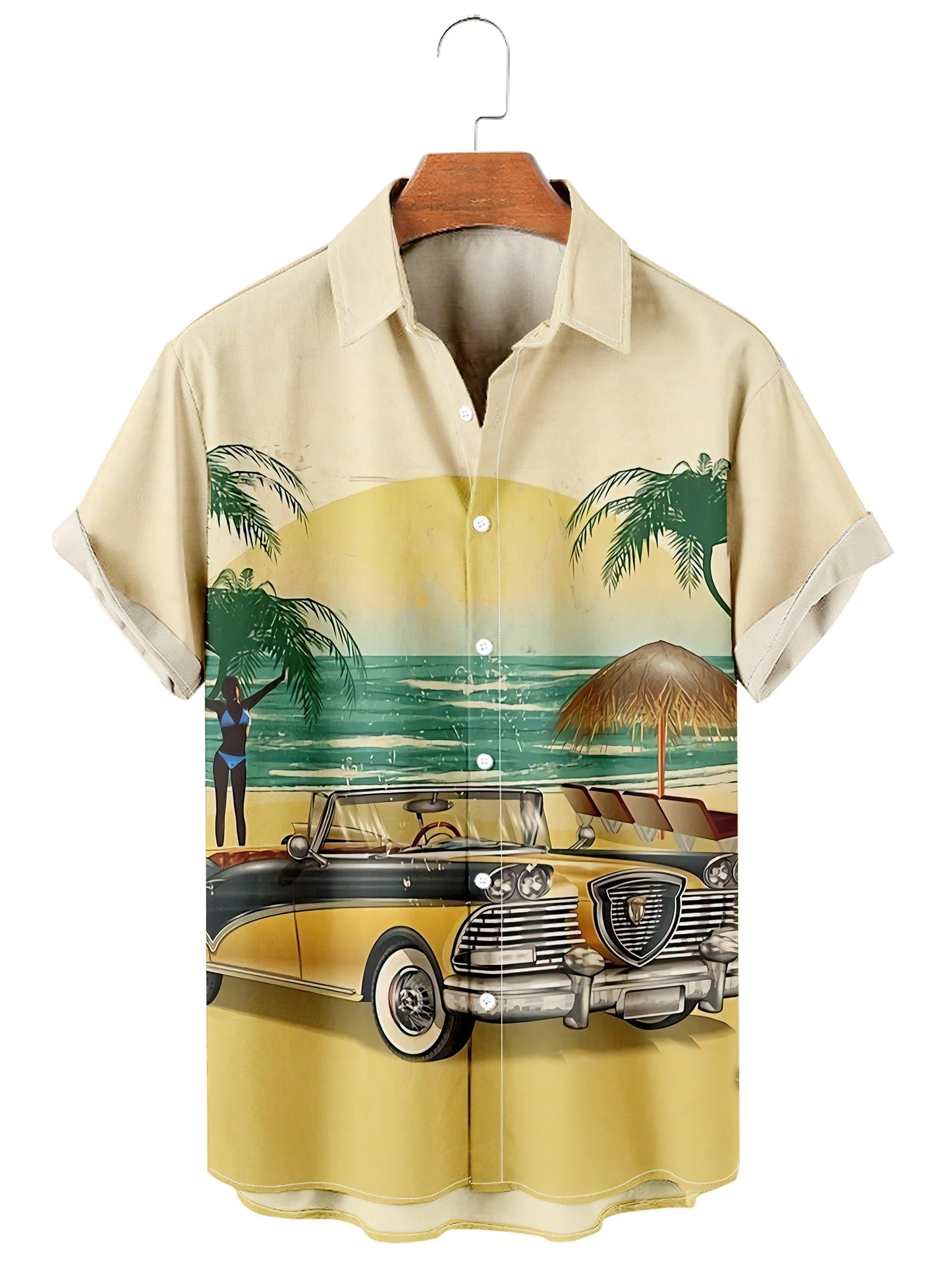 Vintage Surf and Palm Tree Print Short-Sleeve Hawaiian Shirt with Button-Up Closure and Turn-Down Collar