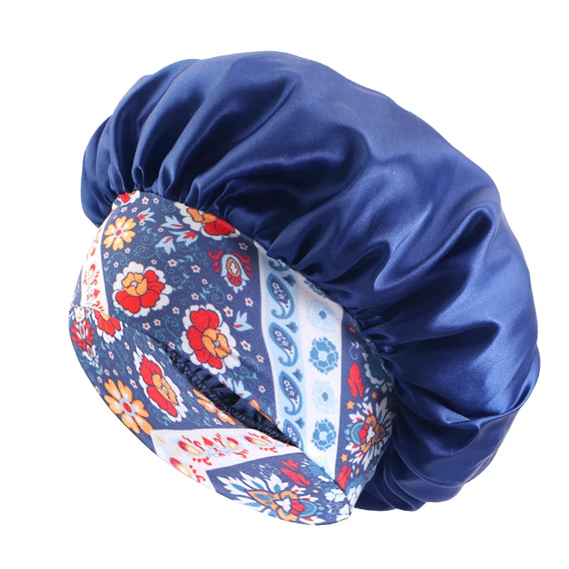 Silk Satin Sleep Bonnet with Wide Elastic Band and Floral Design for Hair Protection