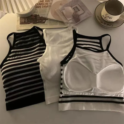 Women's Ribbed Tank Tops with Strappy Back Design and Mixed Solid and Striped Patterns, Perfect for Layering or Casual Wear