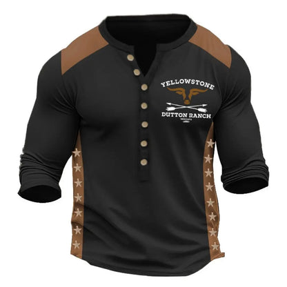 Men's Long Sleeve Button-Up Henley Shirt with Tribal Print and Yellowstone Dutton Ranch Logo