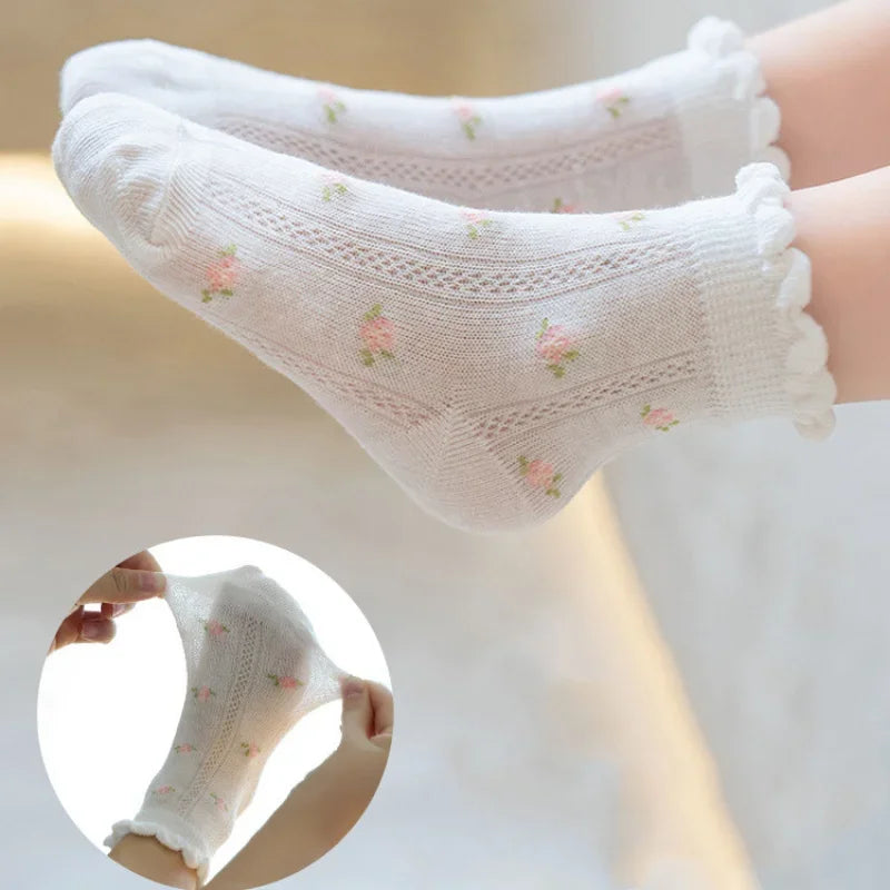 Set of Adorable Girls' Lace Trim Socks with Floral Patterns – Soft and Comfortable for Everyday Wear