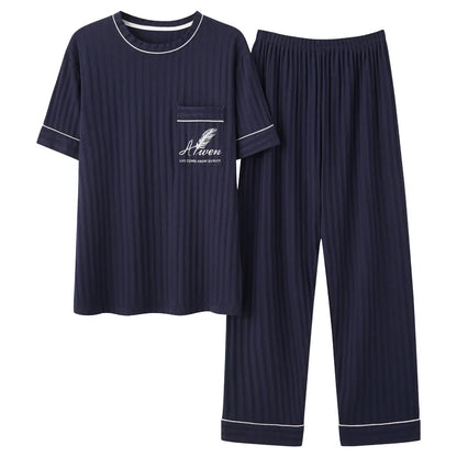 Men's Striped Short and Long Sleeve Pajama Set with Chest Pocket and Contrast Piping for Versatile Sleepwear Options