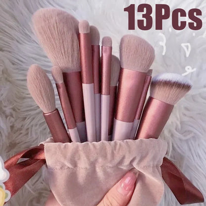 13-Piece Professional Makeup Brush Set with Soft Bristles and Velvet Storage Pouch for Face and Eye Application