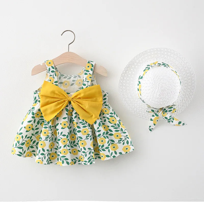 Floral Dress with Bow Accent and Matching Wide-Brim Hat for Toddlers