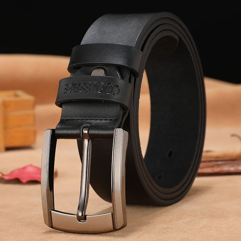 Men's Genuine Leather Belt with Embossed Branding and Durable Metal Pin Buckle for Casual and Formal Wear