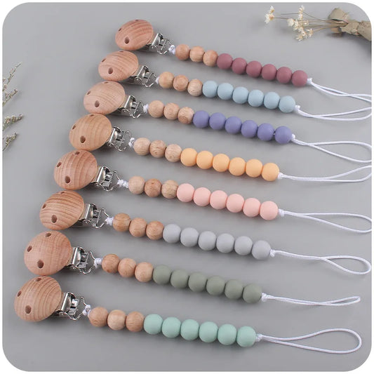 Natural Wooden Bead Baby Pacifier Clips with Soft Silicone Beads, Safe and Stylish Holder for Pacifiers and Teething Toys