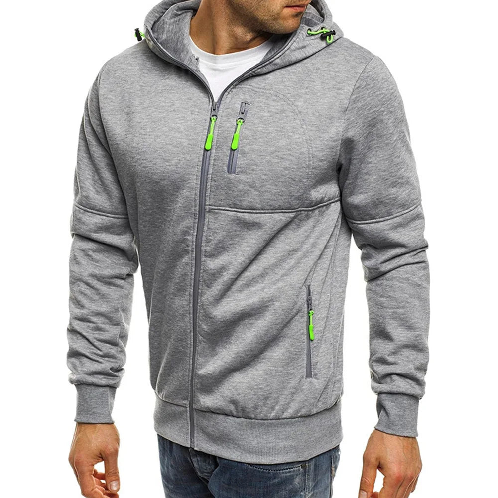 Men's Athletic Zip-Up Hoodie with Adjustable Drawstring Hood and Multiple Zippered Pockets for Outdoor Activities and Casual Wear