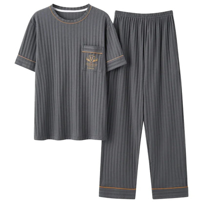 Men's Striped Short and Long Sleeve Pajama Set with Chest Pocket and Contrast Piping for Versatile Sleepwear Options