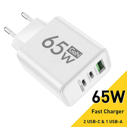 65W GaN Fast Charger with Dual USB-C and Single USB-A Ports, Compatible with Multiple Devices for High-Speed Charging.