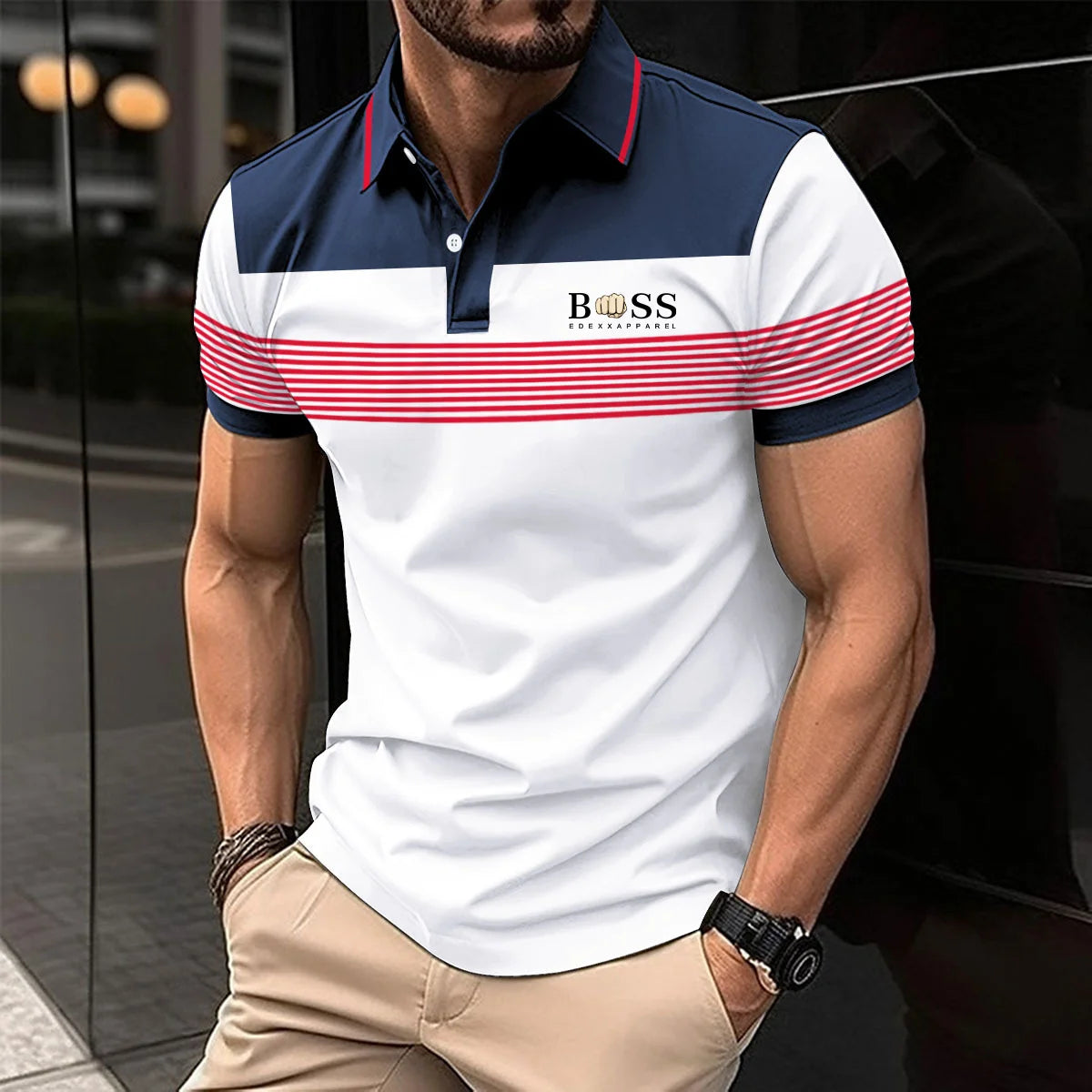 Men's Slim Fit Polo Shirt with Plaid Accent on Sleeves and Collar for a Stylish Casual Look