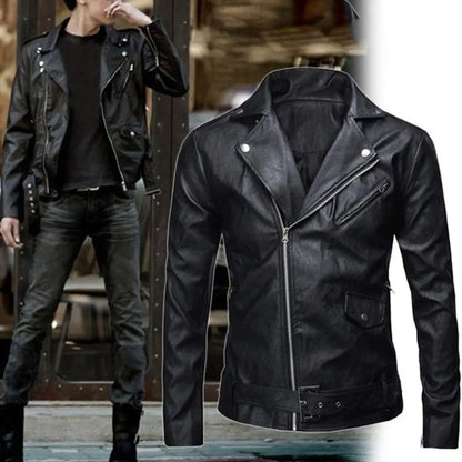 Men's Faux Leather Biker Jacket with Asymmetrical Zipper, Belted Waist, and Notched Lapel Collar