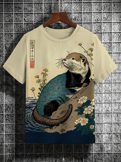 Men's Short Sleeve T-Shirt with Samurai Panda Graphic and Detailed Autumn Background Design