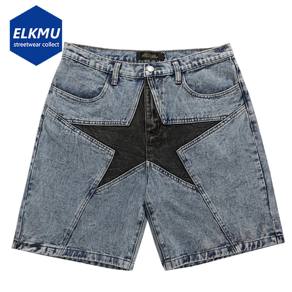 Men's High Street Denim Shorts with Star Patchwork Design, Knee-Length, Button Fly Closure, and Mid Waist Fit.