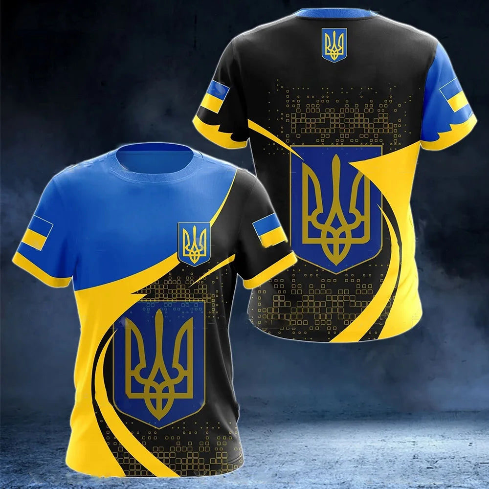 Men's Short Sleeve T-Shirt with Ukrainian Emblem and Flag Design, Featuring Military-Inspired Aesthetics and Patriotic Details