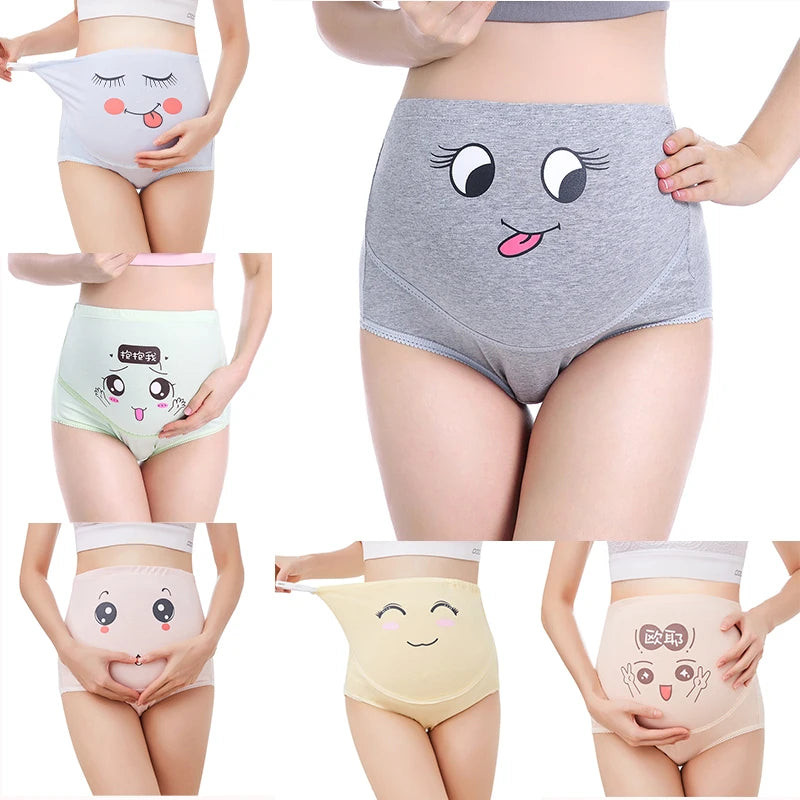 High-Waisted Maternity Underwear with Cute Cartoon Prints and Stretchable Belly Support