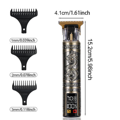 Professional Cordless Hair Trimmer with LED Display, Engraved Handle, and High-Performance Motor for Precision Grooming and Styling