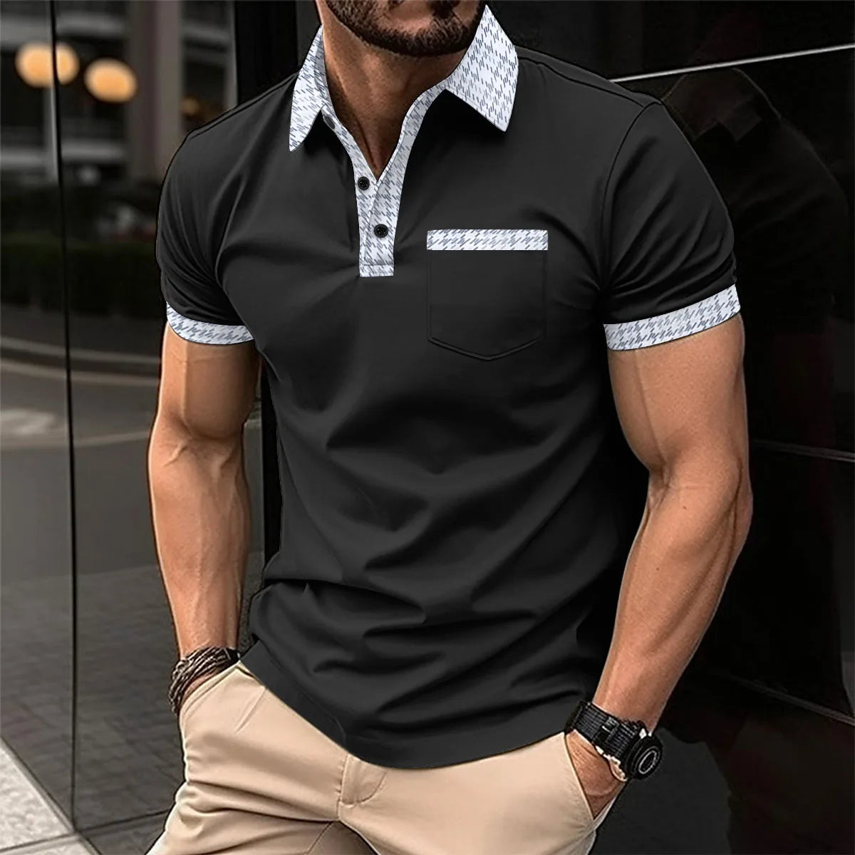 Men's Tactical Short Sleeve Polo Shirt with Shoulder Pocket and Chest Zipper Detail