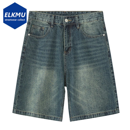 Classic Men's Mid-Rise Denim Shorts with Faded Wash and Relaxed Fit