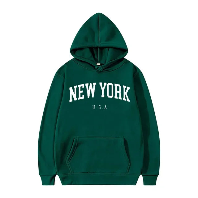 New York USA Graphic Hoodie with Kangaroo Pocket and Ribbed Cuffs for Urban Casual Style