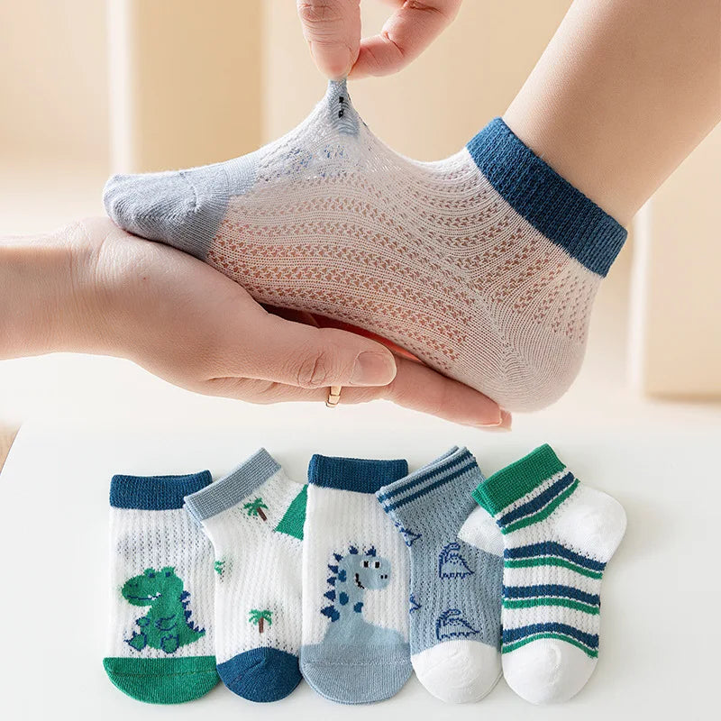 Breathable Dinosaur-Themed Mesh Ankle Socks for Toddlers, Pack of Five, Soft and Stretchy