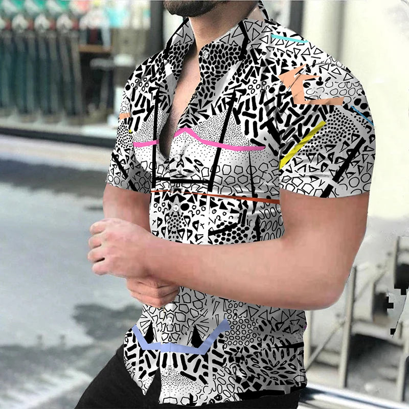 "Men's Short Sleeve Button-Up Shirt with Modern Geometric Print and Slim Fit Design"