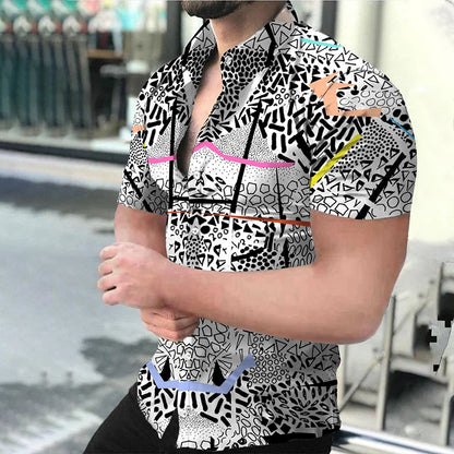 "Men's Short Sleeve Button-Up Shirt with Modern Geometric Print and Slim Fit Design"