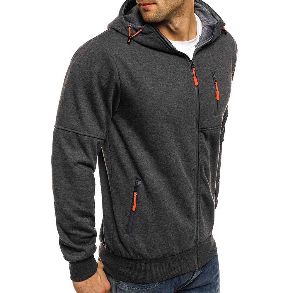 Men's Athletic Zip-Up Hoodie with Adjustable Drawstring Hood and Multiple Zippered Pockets for Outdoor Activities and Casual Wear