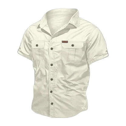 Men's Short-Sleeve Button-Up Shirt with Dual Chest Pockets and Turn-Down Collar, Perfect for Casual Outdoor and Everyday Wear