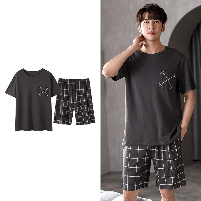 Men's Summer Plaid Pajama Set with Short Sleeve Top and Elastic Waist Shorts Featuring Chest Pocket and Comfortable Fit