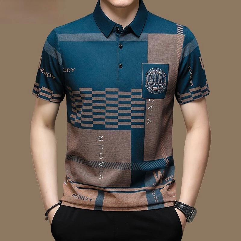 Men's Modern Graphic Pattern Polo Shirt with Button Collar and Short Sleeves