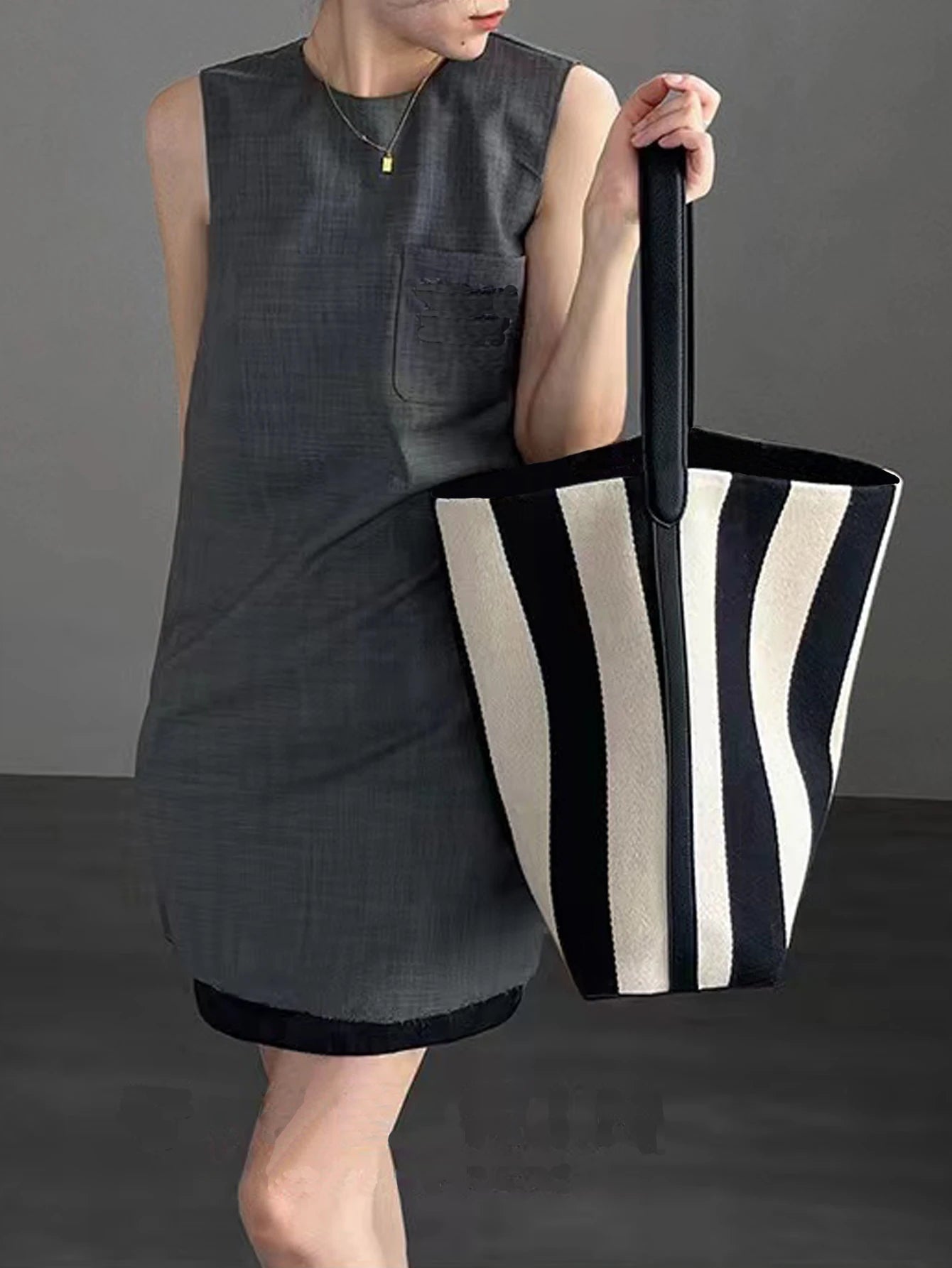 Stylish Striped Canvas Tote Bag for Women with Leather Handles and Spacious Interior