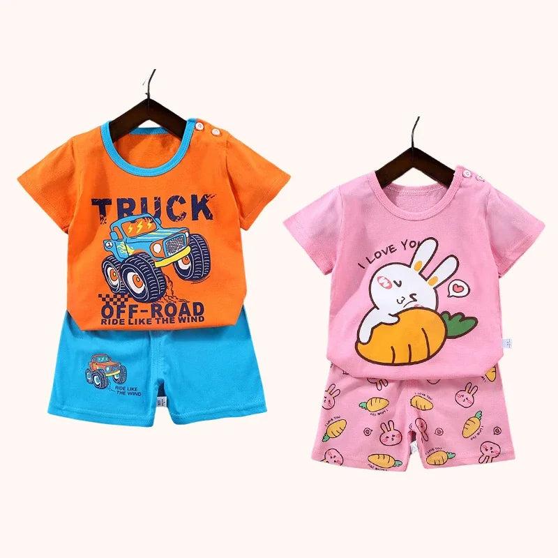 Adorable Toddler Summer Outfits with Fun Cartoon Prints, Perfect for Playtime and Casual Wear.