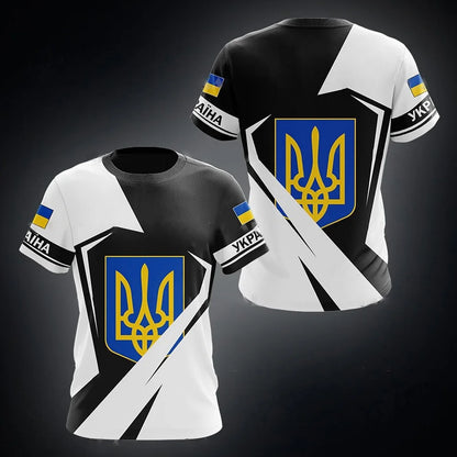 Men's Short Sleeve T-Shirt with Ukrainian Emblem and Flag Design, Featuring Military-Inspired Aesthetics and Patriotic Details