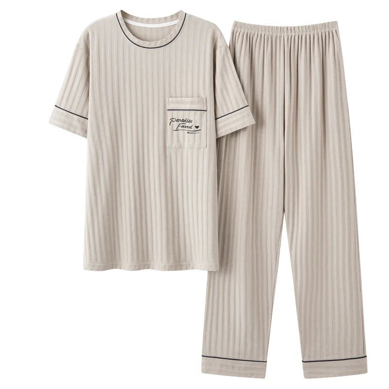 Men's Striped Short and Long Sleeve Pajama Set with Chest Pocket and Contrast Piping for Versatile Sleepwear Options