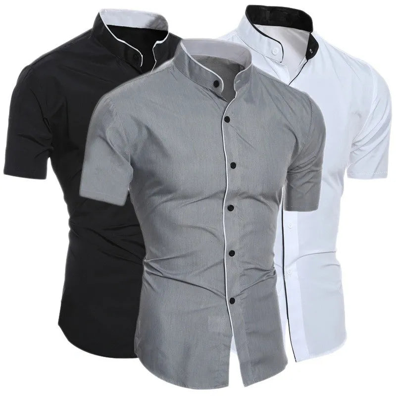 Men's Slim Fit Short Sleeve Dress Shirt with Contrast Piping and Asymmetrical Button Design, Perfect for Formal and Casual Occasions