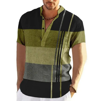 Men's short sleeve V-neck shirt with bold geometric patchwork design for a stylish and unique casual look