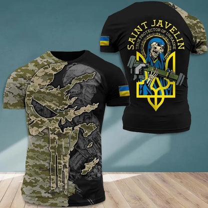 Men's Short Sleeve T-Shirt with Ukrainian Emblem and Flag Design, Featuring Military-Inspired Aesthetics and Patriotic Details