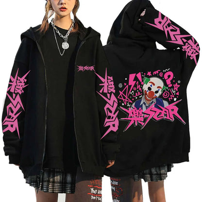 Unisex Streetwear Graphic Hoodie with Bold Arm and Back Designs, Full-Zip Closure, and Oversized Fit for a Trendy Look