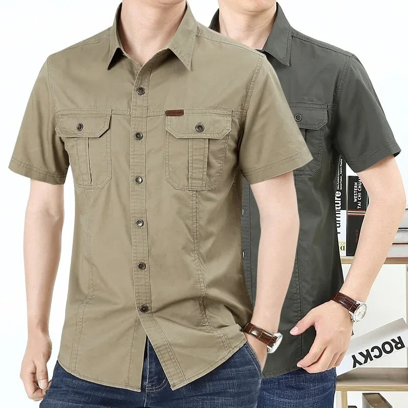 Men's Short-Sleeve Button-Up Casual Shirt with Dual Chest Pockets and Tailored Fit for Stylish Everyday Wear