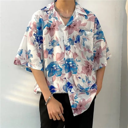 Men's short sleeve Hawaiian shirt with vibrant floral print, relaxed fit, and button-down design for a stylish and breezy summer look