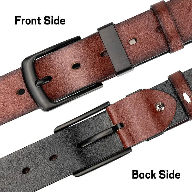 Men's Genuine Leather Belt with Matte Finish Metal Pin Buckle for Formal and Casual Attire