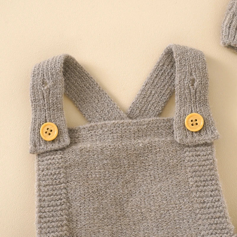 Handcrafted Knit Overalls with Matching Beanie and Long-Sleeve Top for Infants