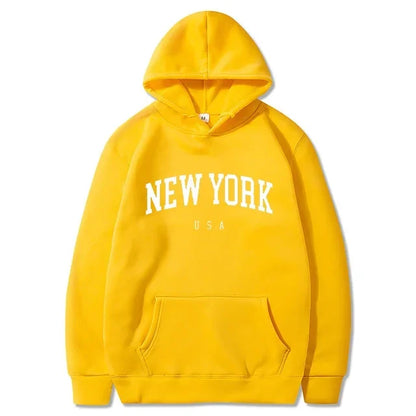 New York USA Graphic Hoodie with Kangaroo Pocket and Ribbed Cuffs for Urban Casual Style