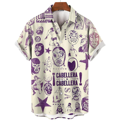 Short-Sleeve Hawaiian Shirt with Lucha Libre Wrestler Print and Button-Up Design